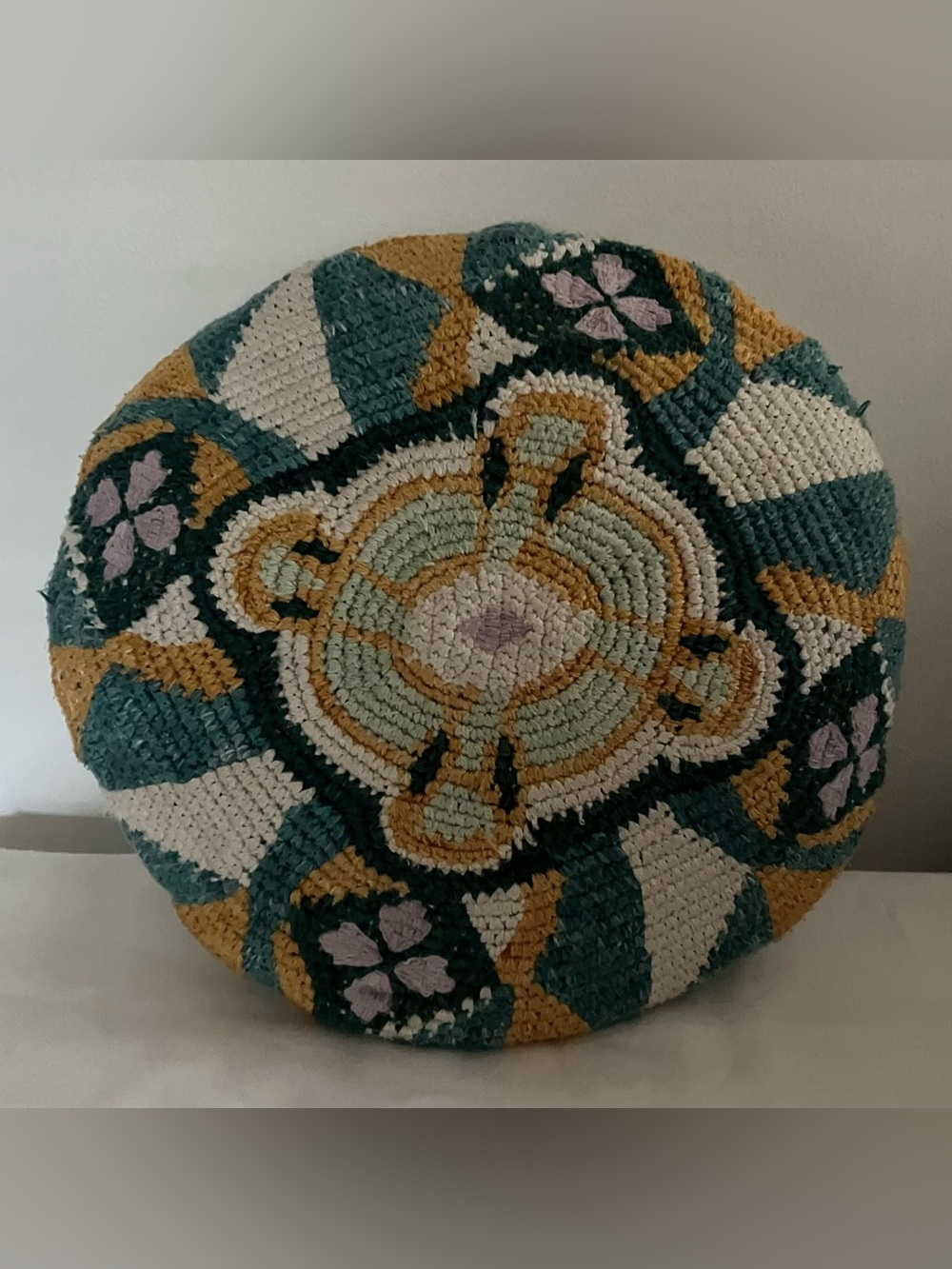 Anthropologie Jamea Round Tufted Pillow in Teal, Mustard, Cream & Pink
